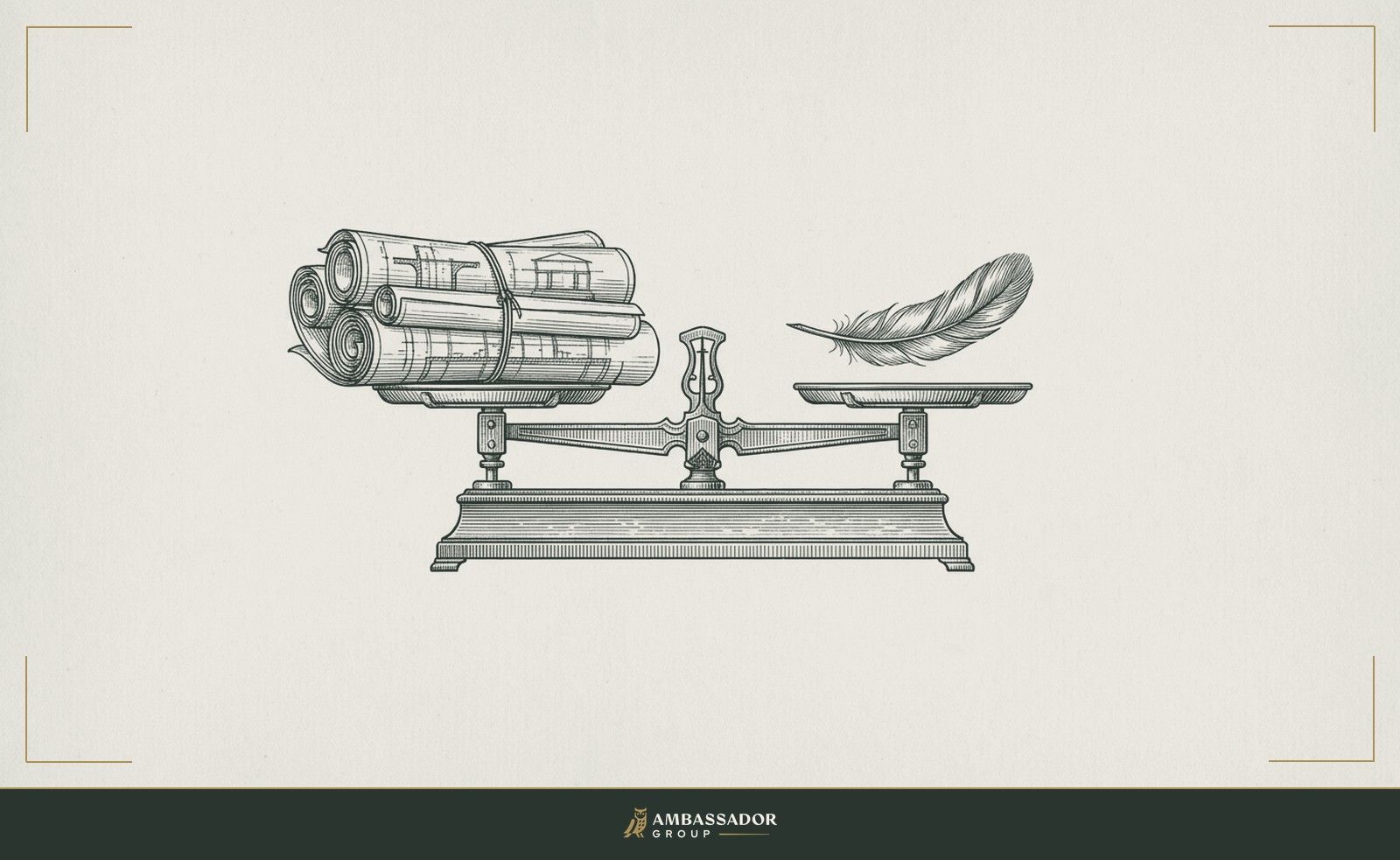 Antique engraving illustration. A scale with a stack of architectural drawings on one side and a feather on the other, the weight of proper process against the near-nothing of a leader's low-effort input.