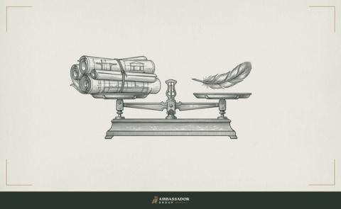 Antique engraving illustration. A scale with a stack of architectural drawings on one side and a feather on the other, the weight of proper process against the near-nothing of a leader's low-effort input.