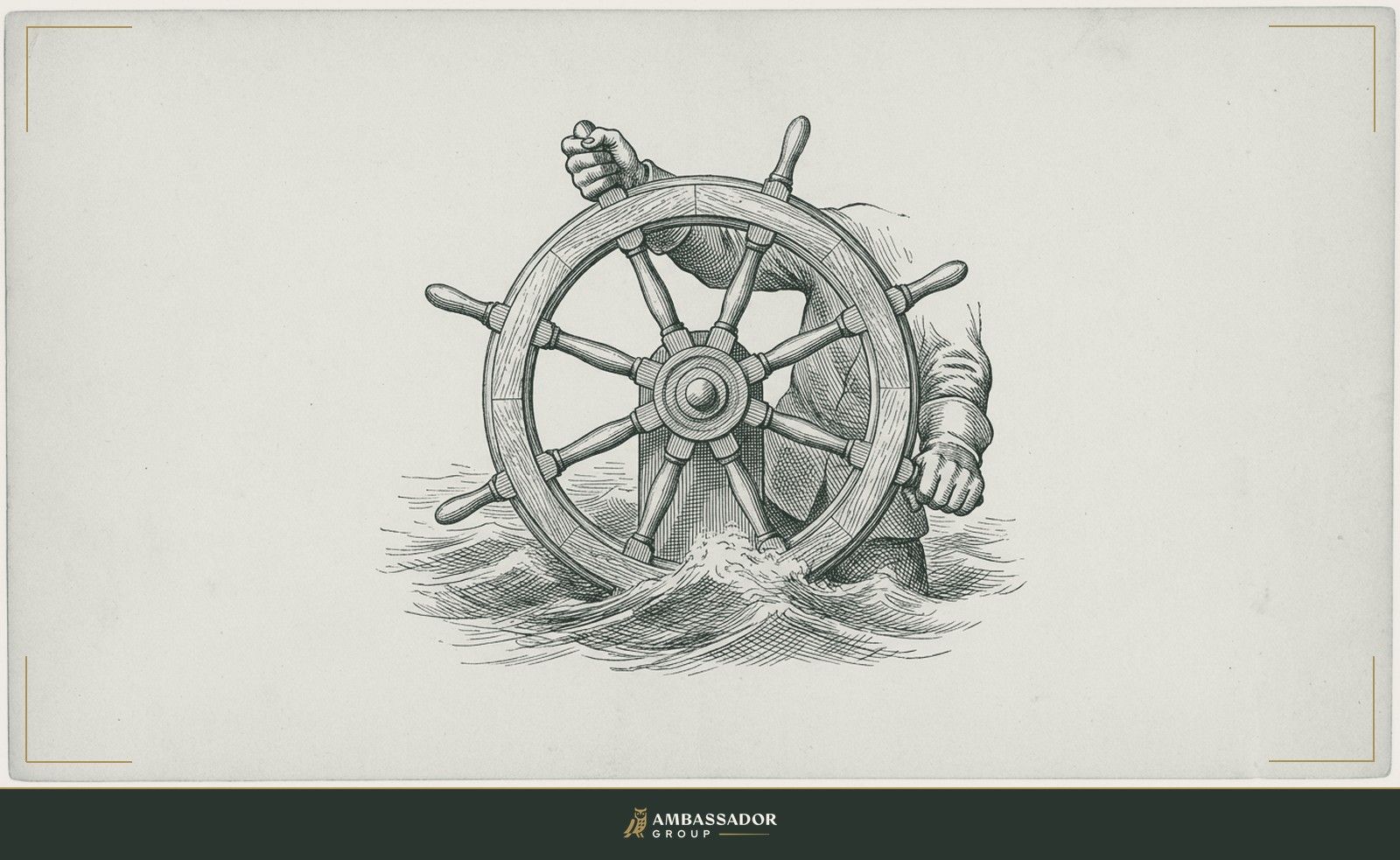 Antique engraving illustration. A ship's wheel held steady by a firm grip at the helm in high seas, the spokes braced against visible strain, command expressed through resistance rather than ease.