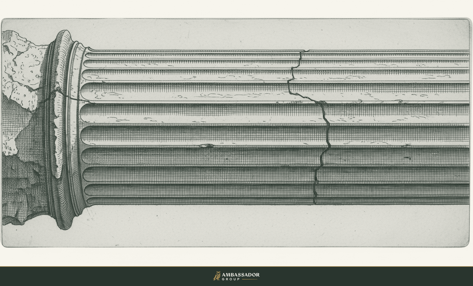 Antique engraving illustration. A tall fluted stone column with a fine hairline crack running through its load-bearing center.