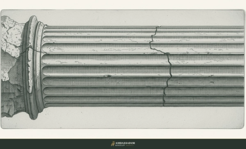 Antique engraving illustration. A tall fluted stone column with a fine hairline crack running through its load-bearing center.