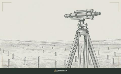 Antique engraving illustration. A surveyor's transit on a tall tripod overlooks a wide field of foundation stakes receding to the horizon.