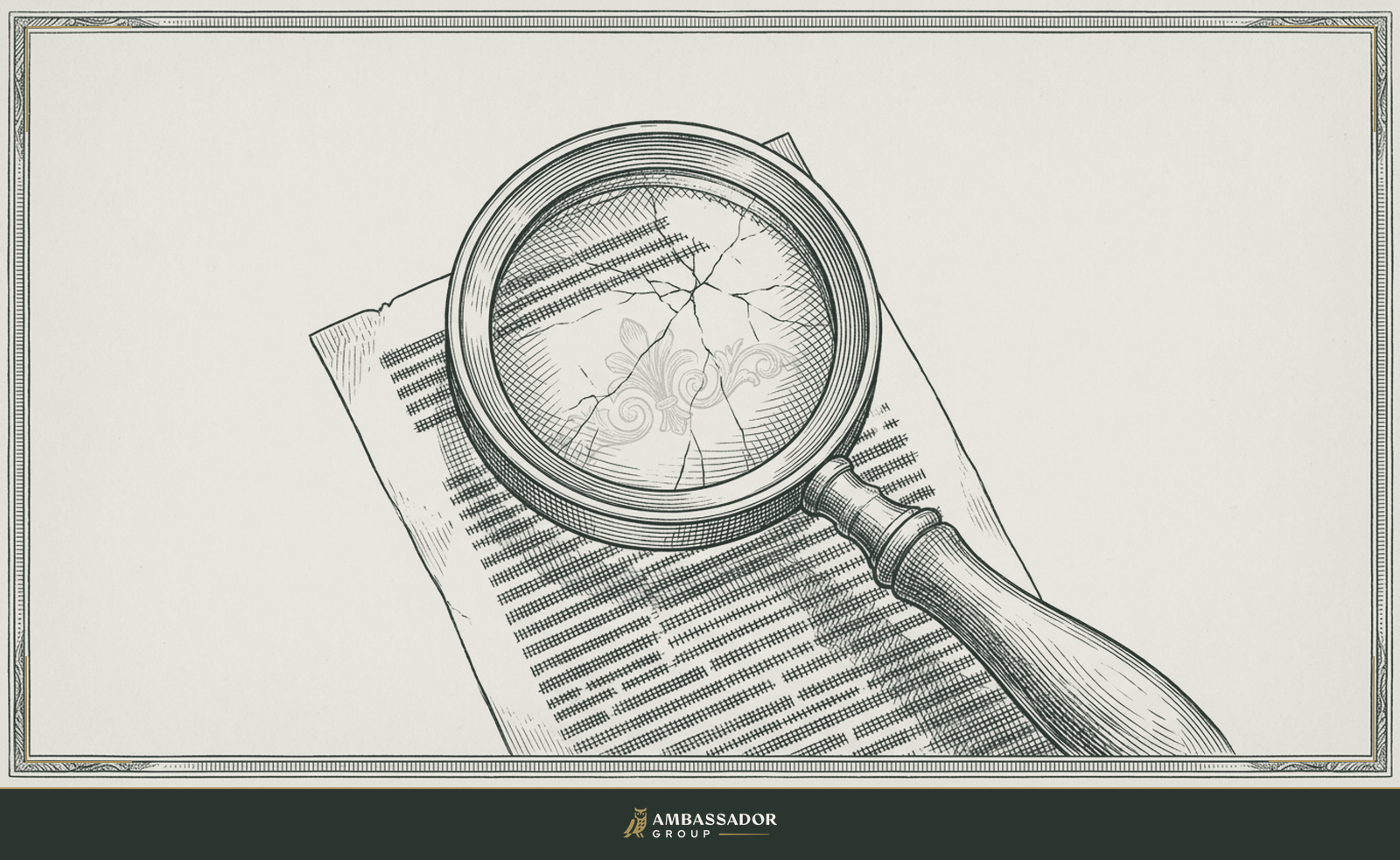 Engraving of a magnifying glass over a resume revealing a hairline crack beneath the polished text, reading a resume without being duped.