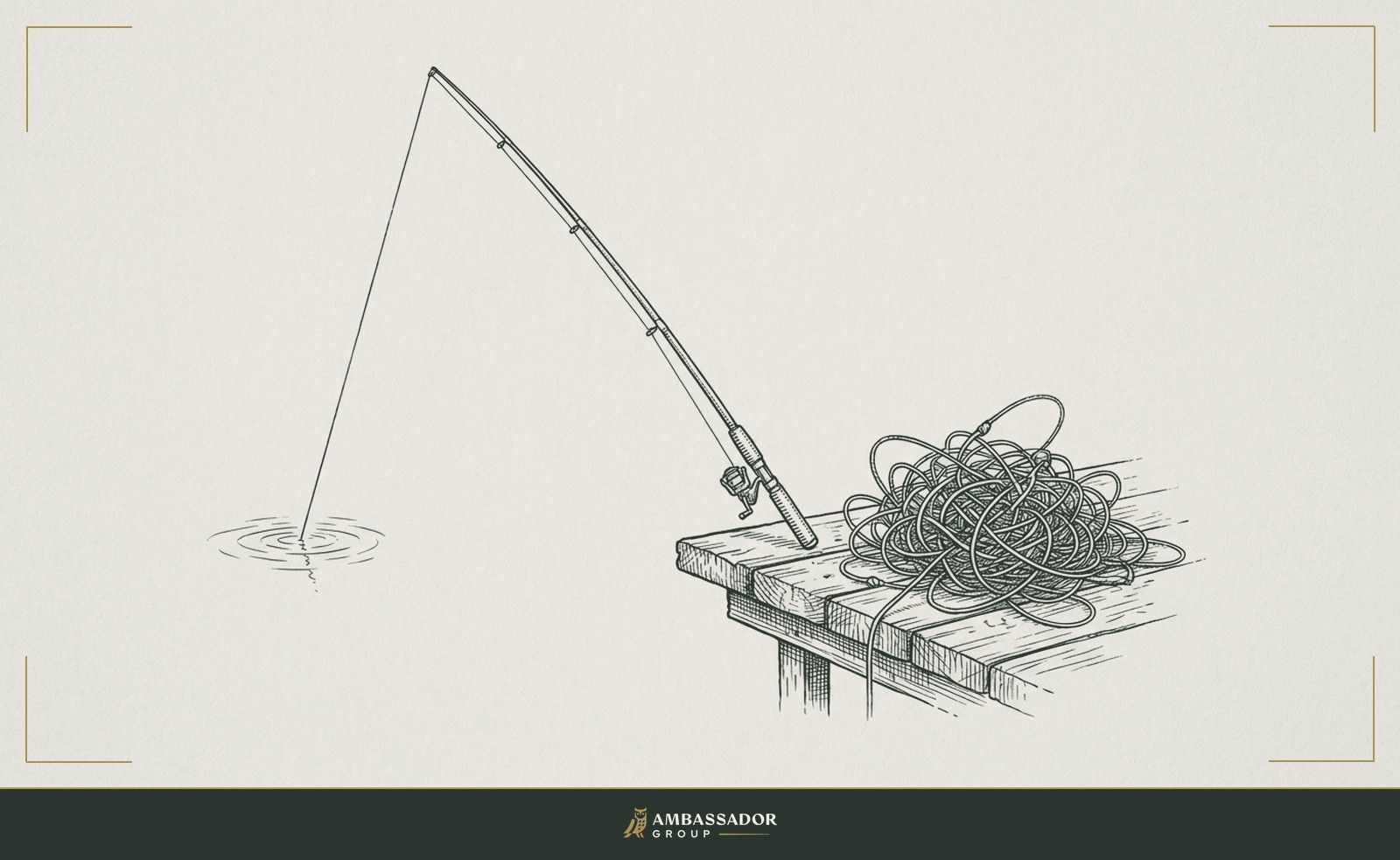 Antique engraving illustration. A single fishing line taut and true from rod to water, beside a jumble of five tangled lines piled unused on a dock plank.