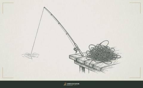 Antique engraving illustration. A single fishing line taut and true from rod to water, beside a jumble of five tangled lines piled unused on a dock plank.