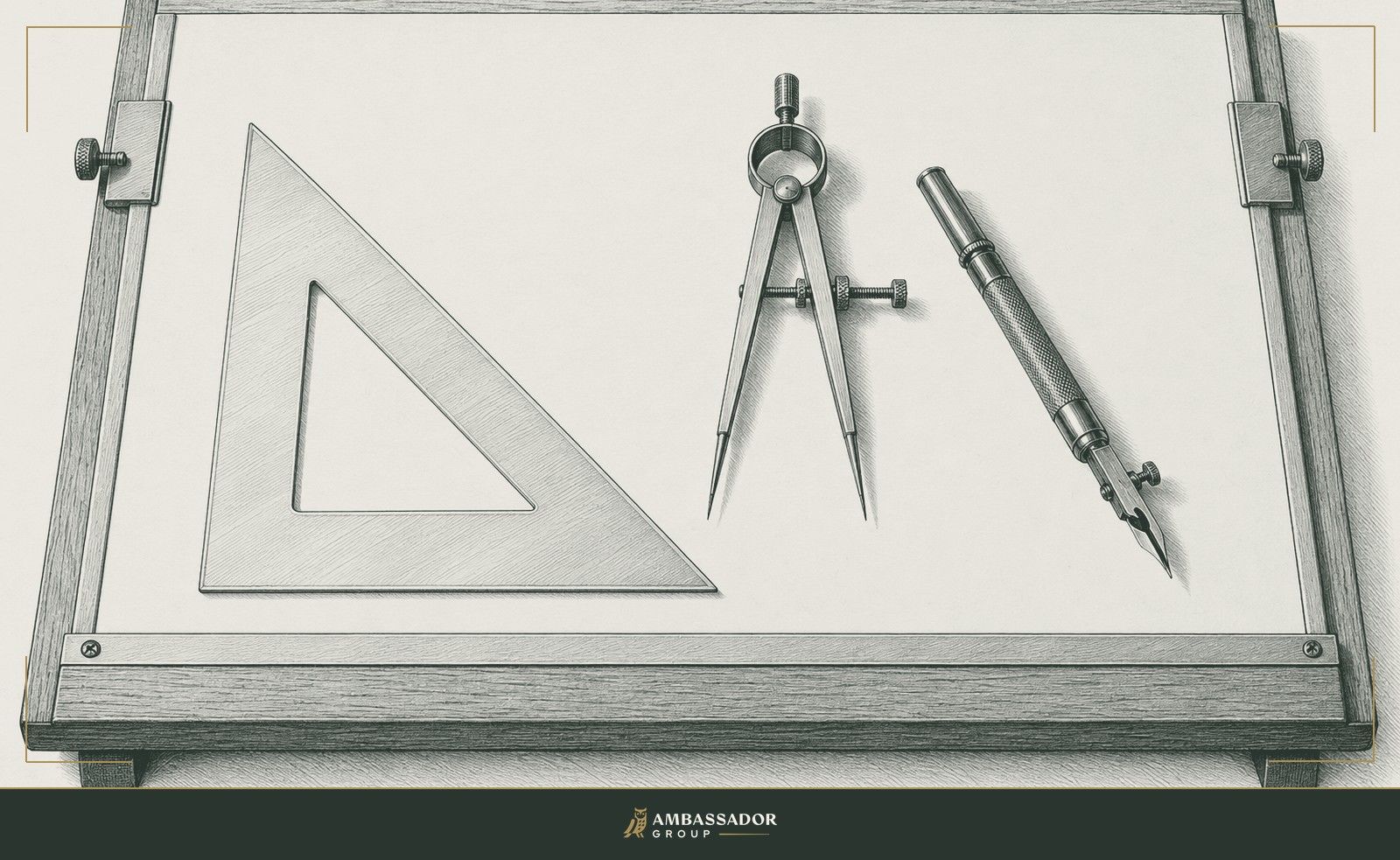 Antique engraving illustration. A draftsman's set square, dividers, and a ruling pen lie precisely arranged on a clean drawing board.