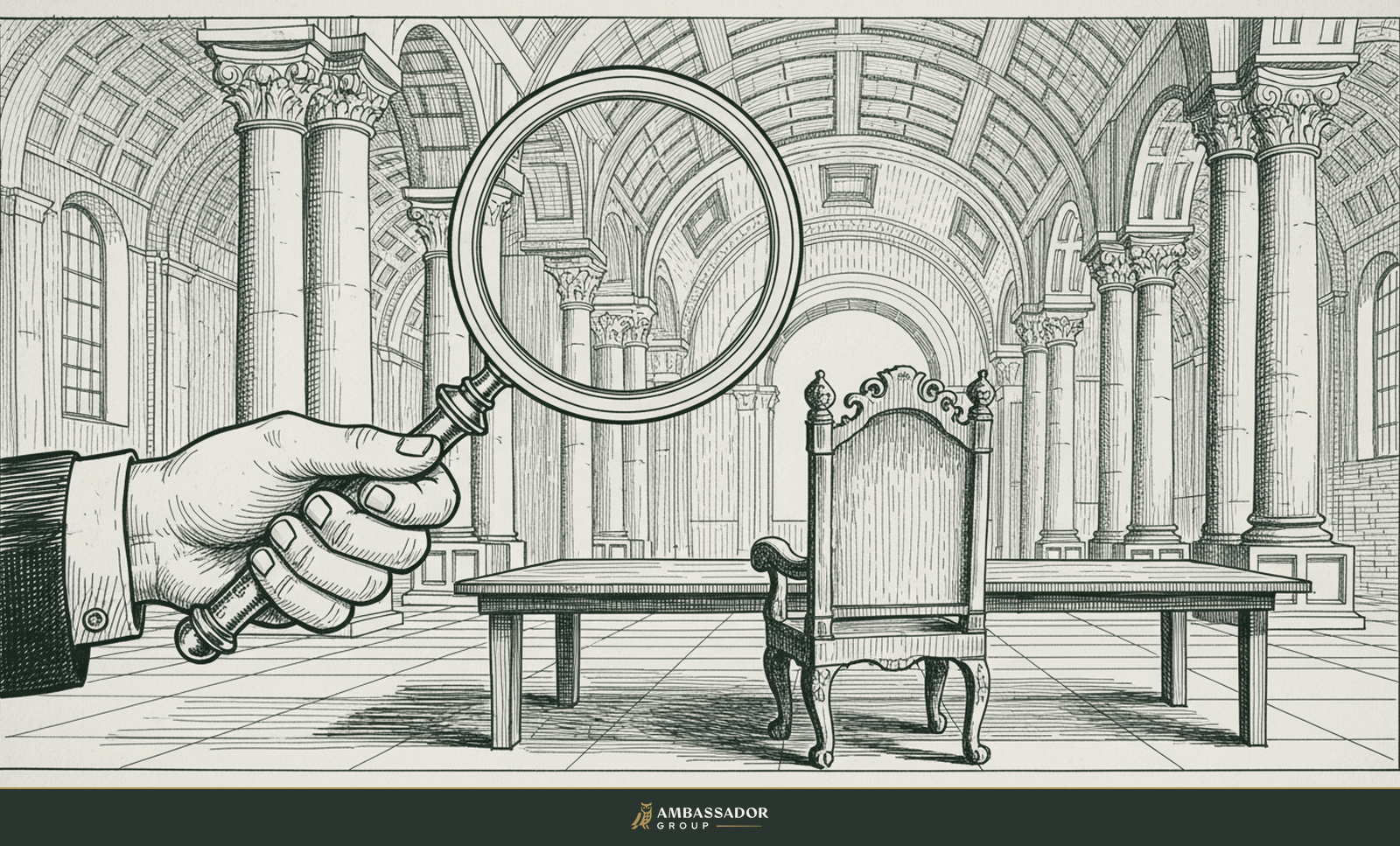 Antique engraving illustration. A candidate's hand turning a magnifying glass back toward an empty interviewer's chair across the table.