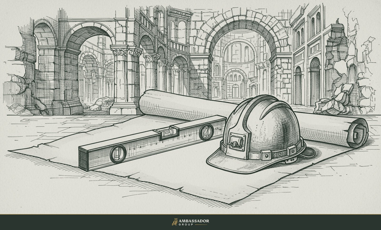 Antique engraving illustration. An unrolled project schedule scroll weighted flat by a spirit level and a hard hat, a foreman's command post.