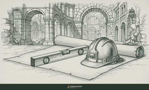 Antique engraving illustration. An unrolled project schedule scroll weighted flat by a spirit level and a hard hat, a foreman's command post.