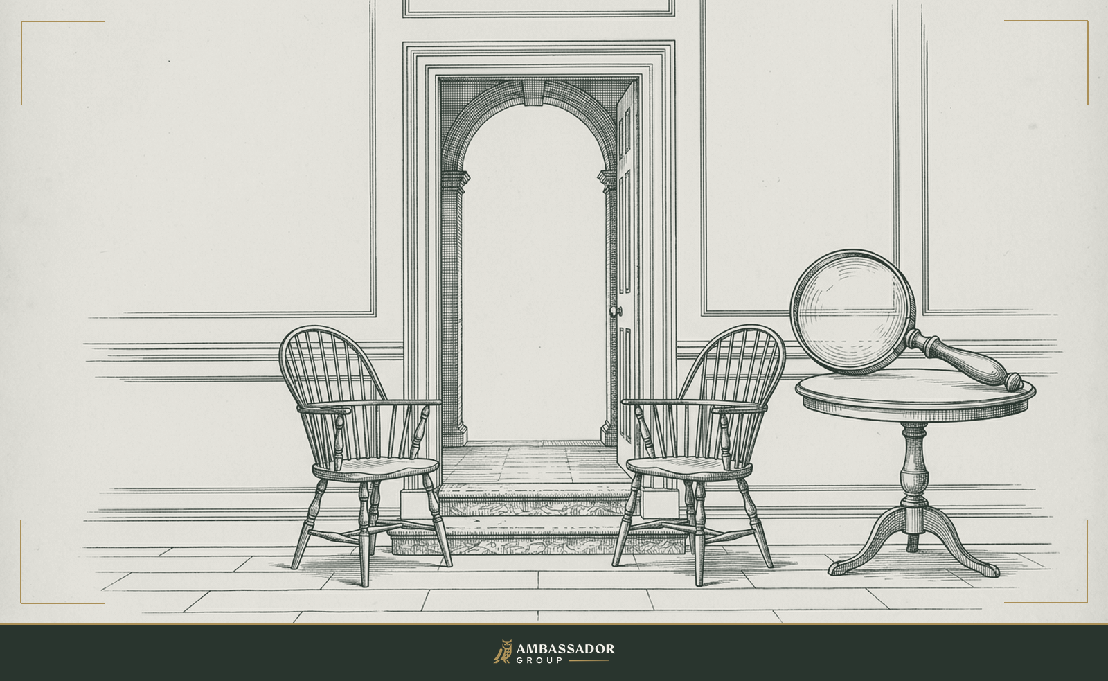 Engraving of two empty facing chairs at an open doorway with a magnifying glass on the candidate's side of the table, depicting the candidate examining the company.