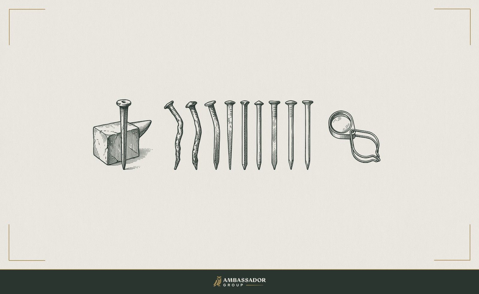 Antique engraving illustration. An ten iron nails of varying quality laid in a row, a jeweler's loupe beside them, one nail standing upright against a small anvil to be tested for true temper.