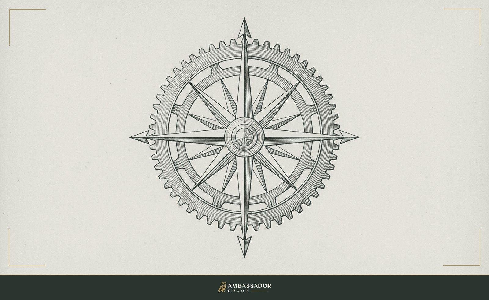 Antique engraving illustration. A large compass rose set inside a gear, each cardinal direction aligned precisely with a tooth of the wheel.