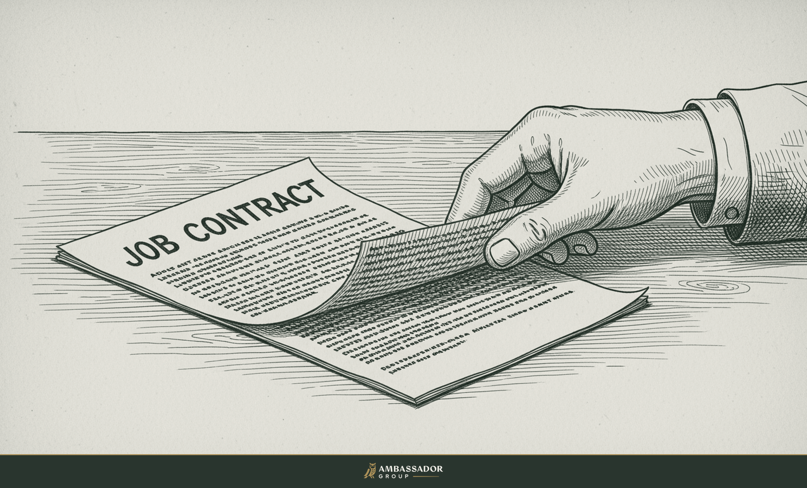 Antique engraving illustration. A hand turning a job contract face up to show its hard fine print plainly on the table, honesty laid bare before the handshake.