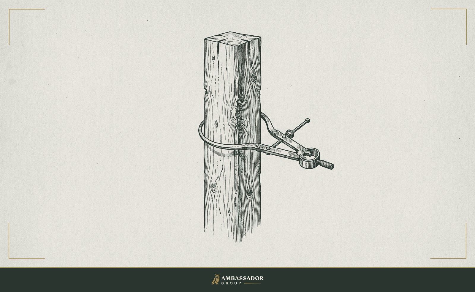 Antique engraving illustration. A load-bearing timber post with a pair of calipers wrapped around it mid-span, measuring its true diameter rather than the painted surface, measurement over assumption.