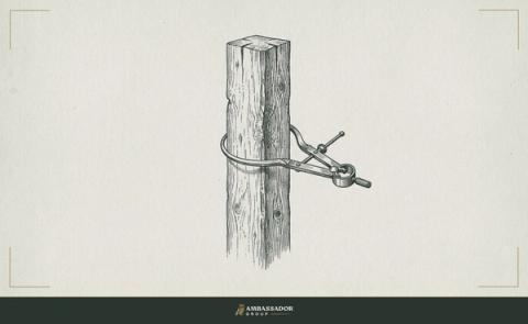 Antique engraving illustration. A load-bearing timber post with a pair of calipers wrapped around it mid-span, measuring its true diameter rather than the painted surface, measurement over assumption.
