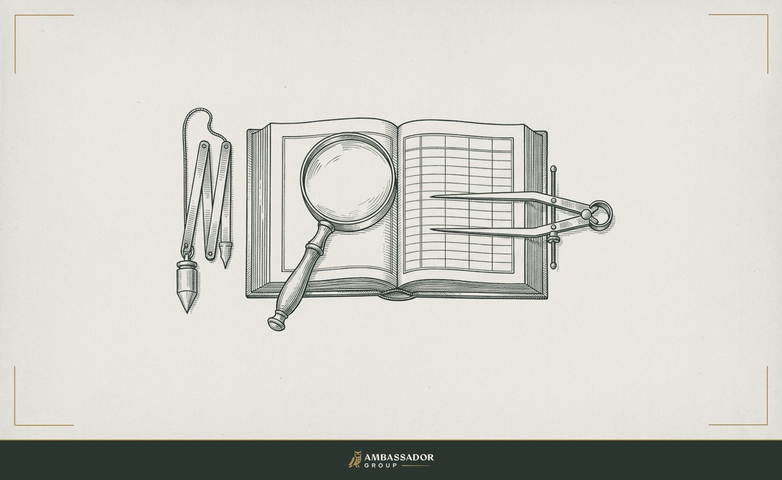 Antique engraving illustration. A brass magnifying glass resting atop an open ledger with a ruled evaluation grid, flanked by a folded surveyor's plumb line and a steel caliper set precisely across a blank line.