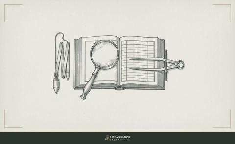 Antique engraving illustration. A brass magnifying glass resting atop an open ledger with a ruled evaluation grid, flanked by a folded surveyor's plumb line and a steel caliper set precisely across a blank line.