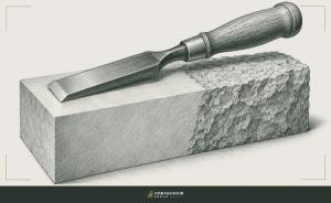 Antique engraving illustration. A stone chisel resting on a block, half its face smoothed to a fine finish, the rest left rough and unworked.