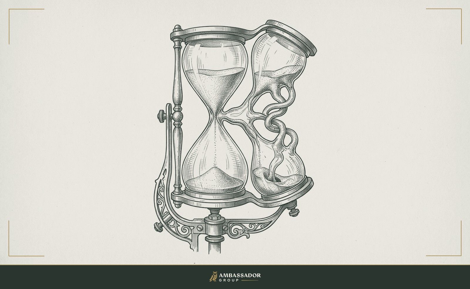 Antique engraving illustration. An hourglass with a second chamber grafted awkwardly alongside it, the sand splitting between two parallel funnels, one flowing clean, the other tangled and constricted.