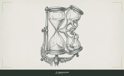 Antique engraving illustration. An hourglass with a second chamber grafted awkwardly alongside it, the sand splitting between two parallel funnels, one flowing clean, the other tangled and constricted.