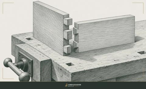 Antique engraving illustration. A half-assembled dovetail joint resting on a joiner's bench.