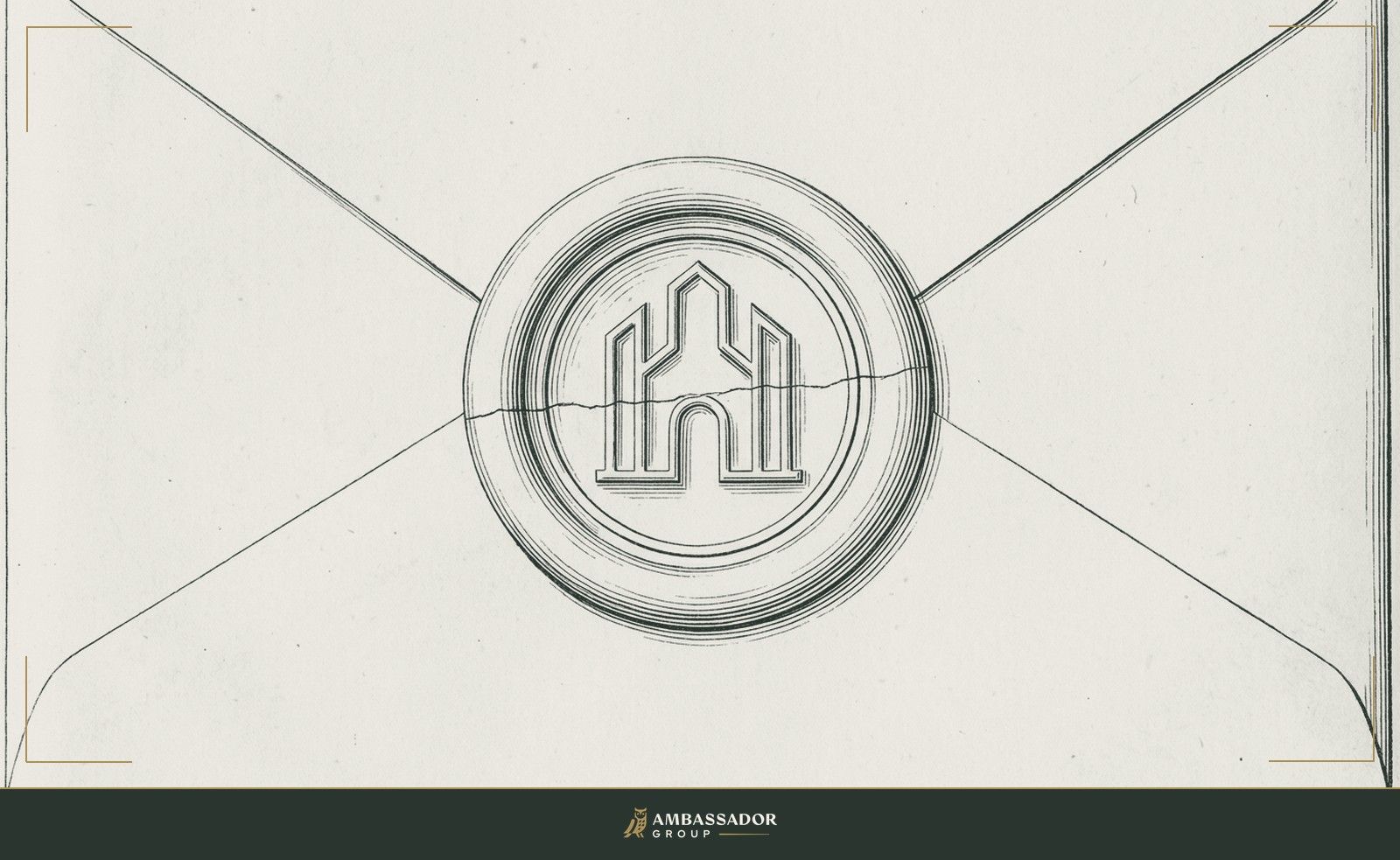 Antique engraving illustration. A wax seal pressed into a document, its surface showing a hairline crack running through the embossed crest.