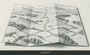 Antique engraving illustration. A branching road map spread open, a single route traced in ink across three junctions toward the horizon.