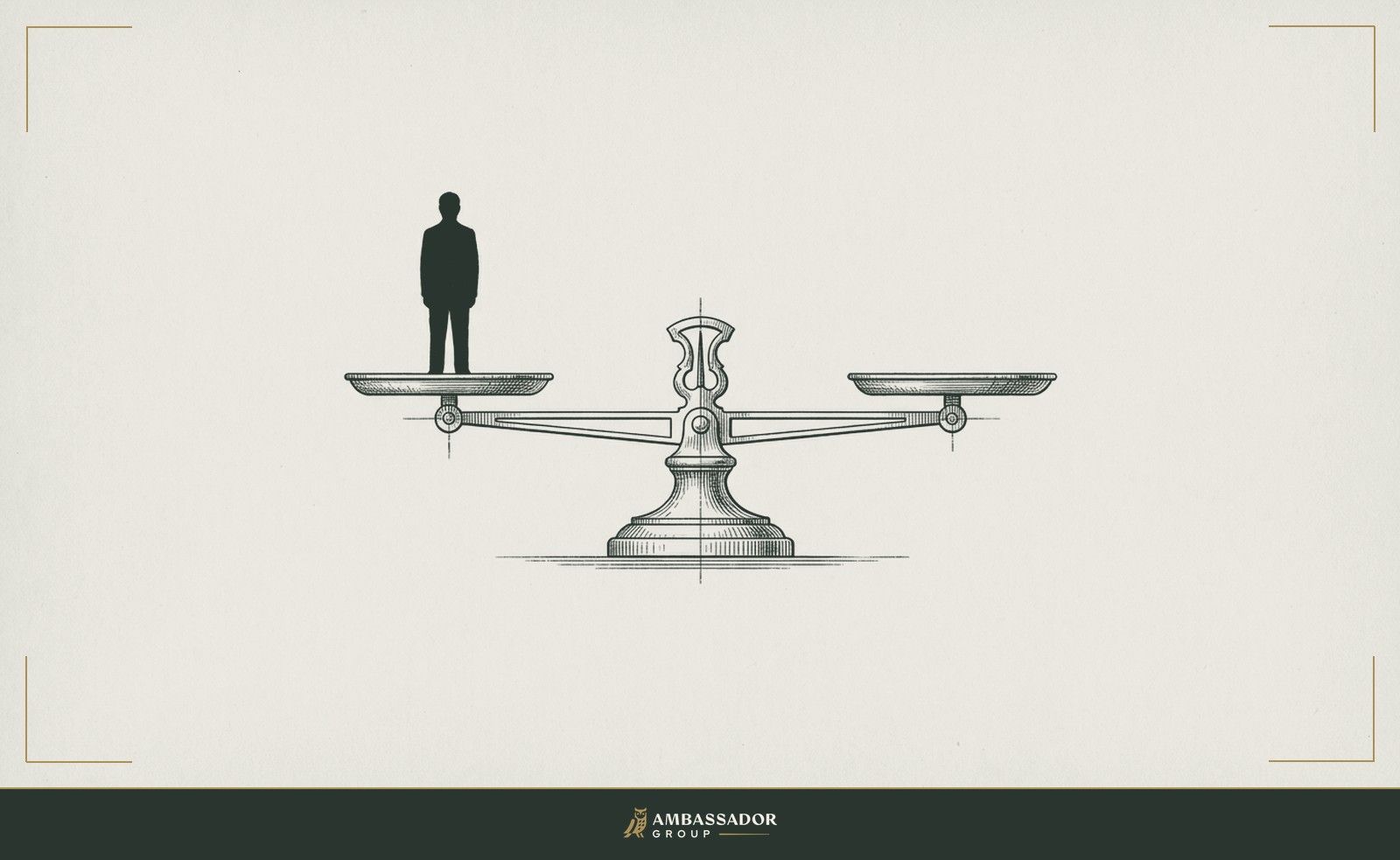 Antique engraving illustration. A balance scale with a single figure silhouette on one pan and an empty pan opposite, the beam perfectly level.