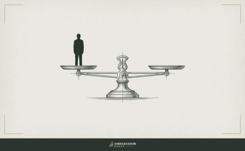 Antique engraving illustration. A balance scale with a single figure silhouette on one pan and an empty pan opposite, the beam perfectly level.
