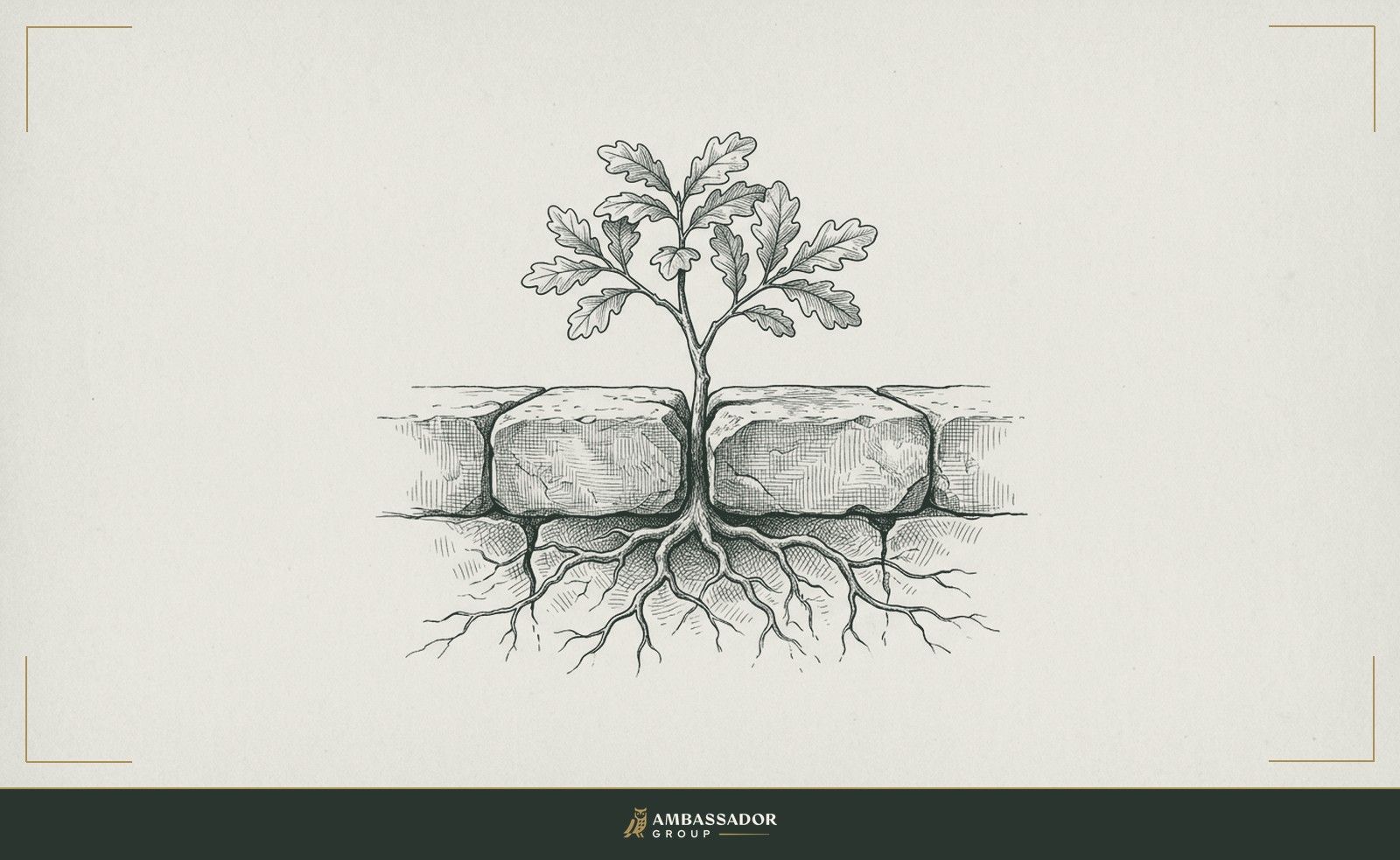 Antique engraving illustration. A single oak sapling growing from a crack between two adjoining property stones, its roots threading both plots, belonging to no one's exclusive claim, simply growing.