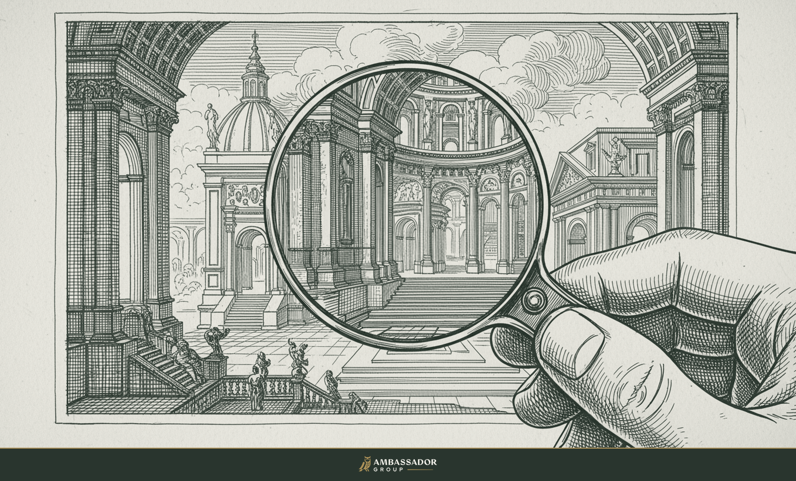 Antique engraving illustration. A jeweler's loupe held over a finely detailed architectural drawing, bringing the fine grain into crisp sharp focus.