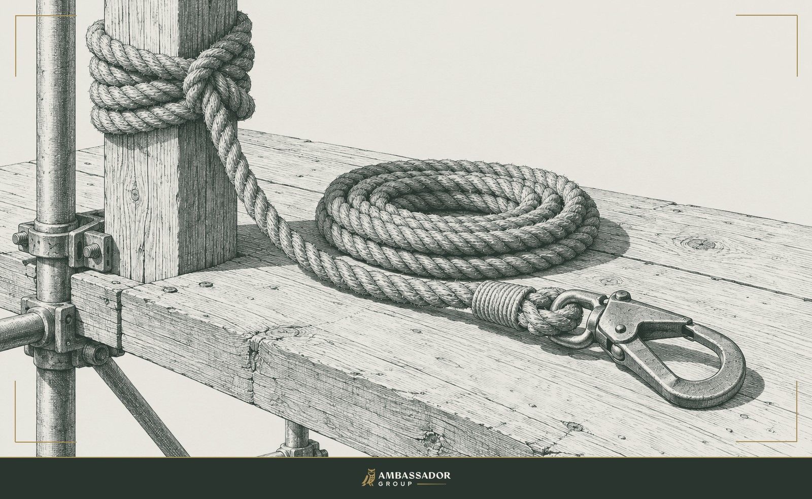 Antique engraving illustration. A hemp safety line tied off around a timber post on a scaffold plank, coiled, with a forged steel snap hook at its free end.