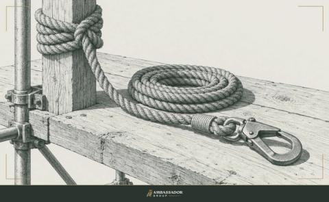 Antique engraving illustration. A hemp safety line tied off around a timber post on a scaffold plank, coiled, with a forged steel snap hook at its free end.