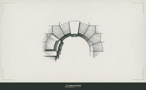 Antique engraving illustration. A well-cut stone block fitted cleanly into an arch, but the keystone slot above it left open, the arch unresolved.