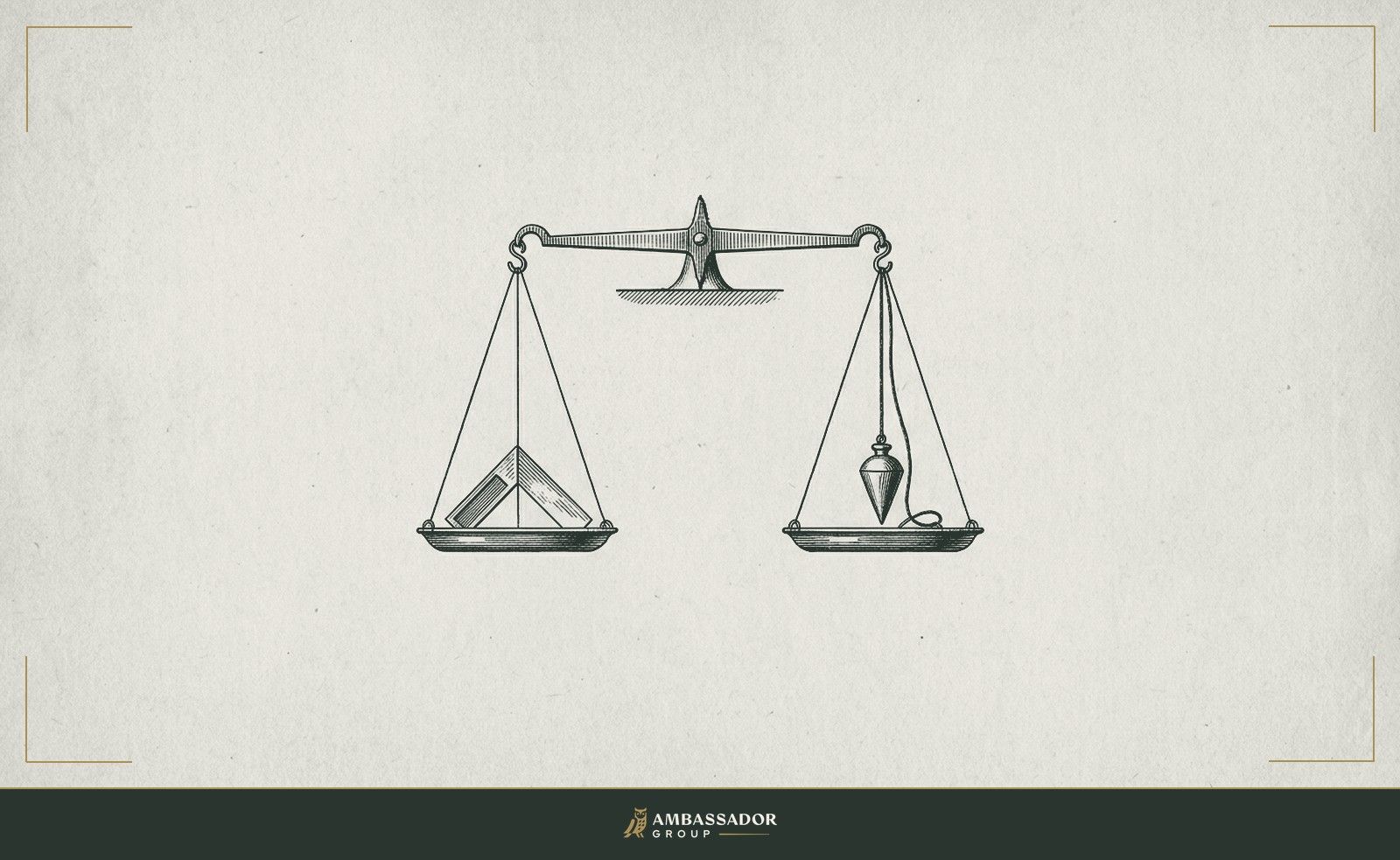 Antique engraving illustration. A set of balance scales, both pans level and centered, with a single measuring square resting on one side and a plumb line on the other, suspended in perfect equilibrium.