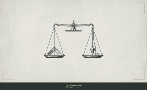 Antique engraving illustration. A set of balance scales, both pans level and centered, with a single measuring square resting on one side and a plumb line on the other, suspended in perfect equilibrium.
