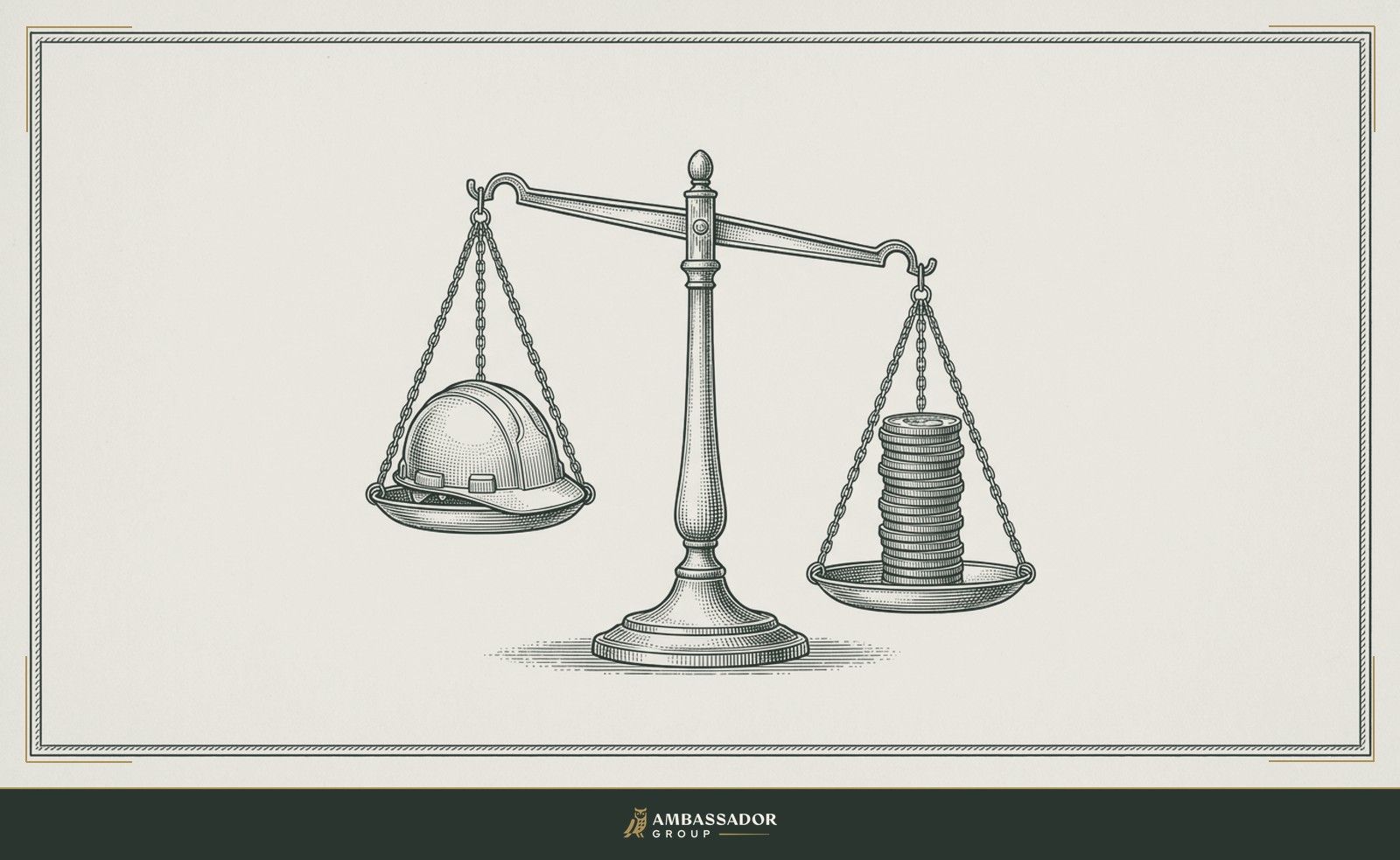 Antique engraving illustration. A pair of balanced scales with a hard hat on one pan and a precisely stacked column of coins on the other, the beam nearly level but slightly tipped.