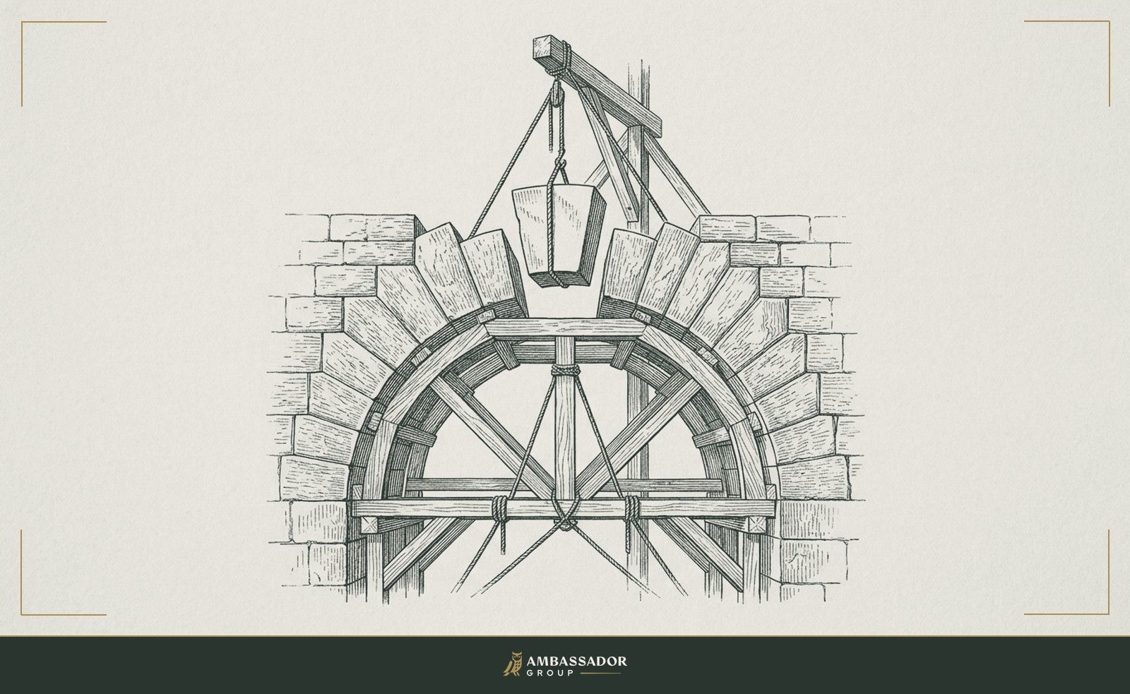 Antique engraving illustration. A keystone suspended at the crown of an unfinished archway, the single piece whose placement determines whether the whole structure stands or collapses.
