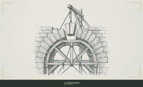Antique engraving illustration. A keystone suspended at the crown of an unfinished archway, the single piece whose placement determines whether the whole structure stands or collapses.
