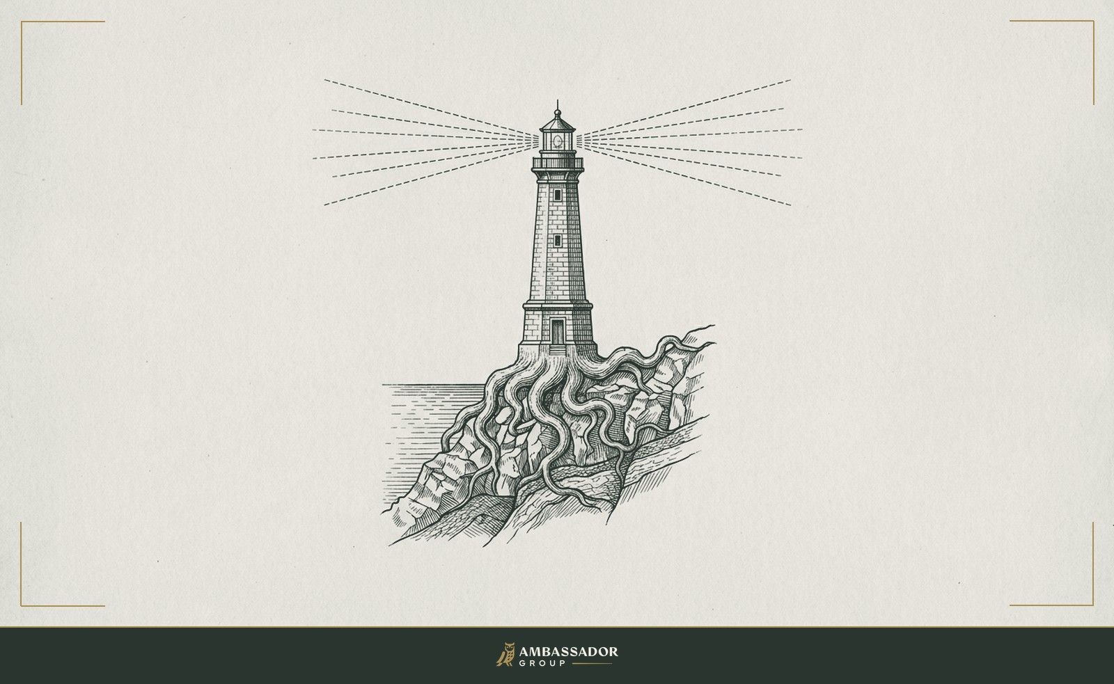 Antique engraving illustration. A lighthouse perched on a rocky shore, beams radiating outward, with roots growing visibly down through the stone beneath it.