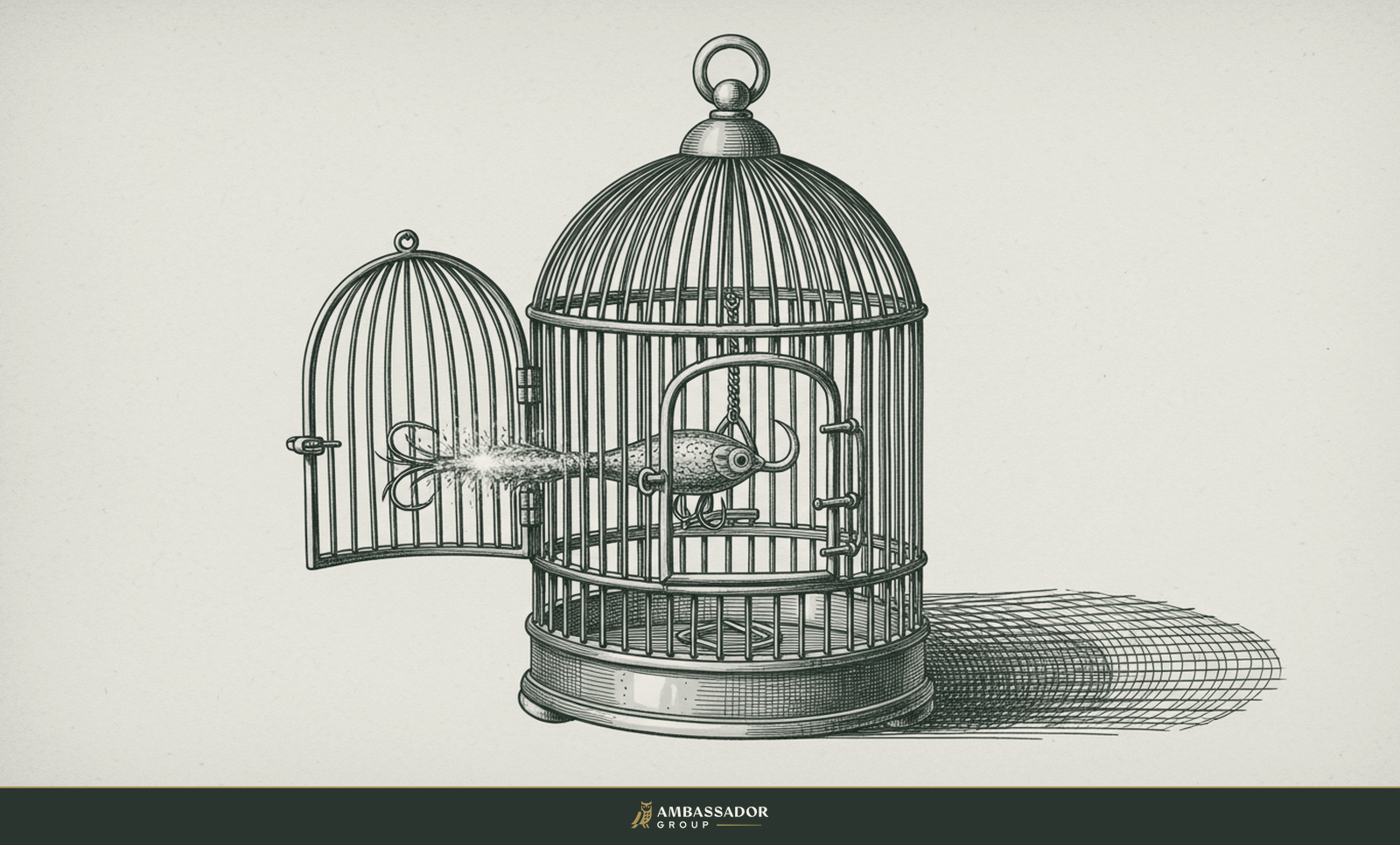 Antique engraving illustration. An ornate gilded birdcage standing open as a baited trap, a glittering golden lure suspended inside.