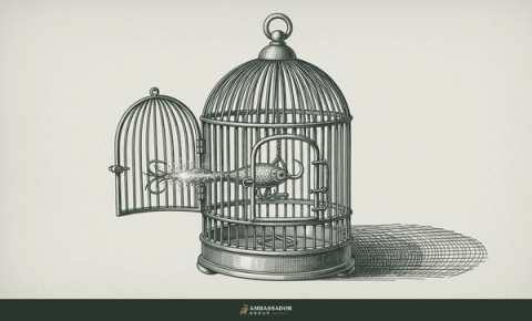 Antique engraving illustration. An ornate gilded birdcage standing open as a baited trap, a glittering golden lure suspended inside.