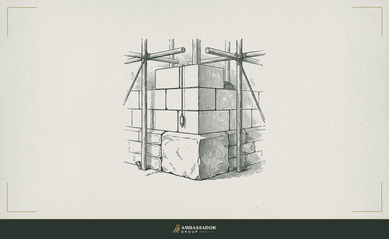 Antique engraving illustration. A cornerstone already set in a rising wall with a fresh course of masonry being added above it, plumb line hanging taut alongside.