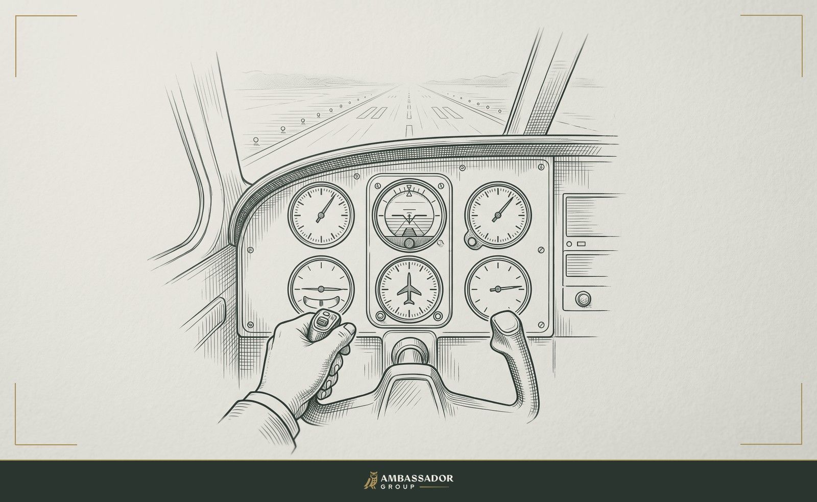 Antique engraving illustration. A cockpit instrument panel with a pilot's hand on the yoke and a hazy runway beyond the windshield.