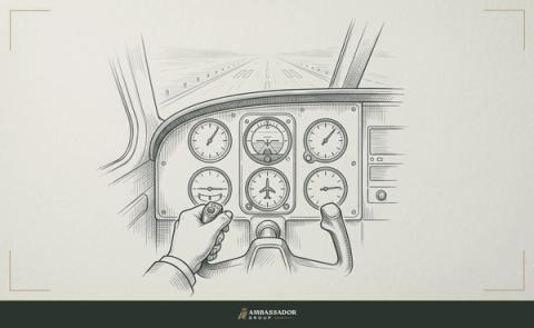 Antique engraving illustration. A cockpit instrument panel with a pilot's hand on the yoke and a hazy runway beyond the windshield.
