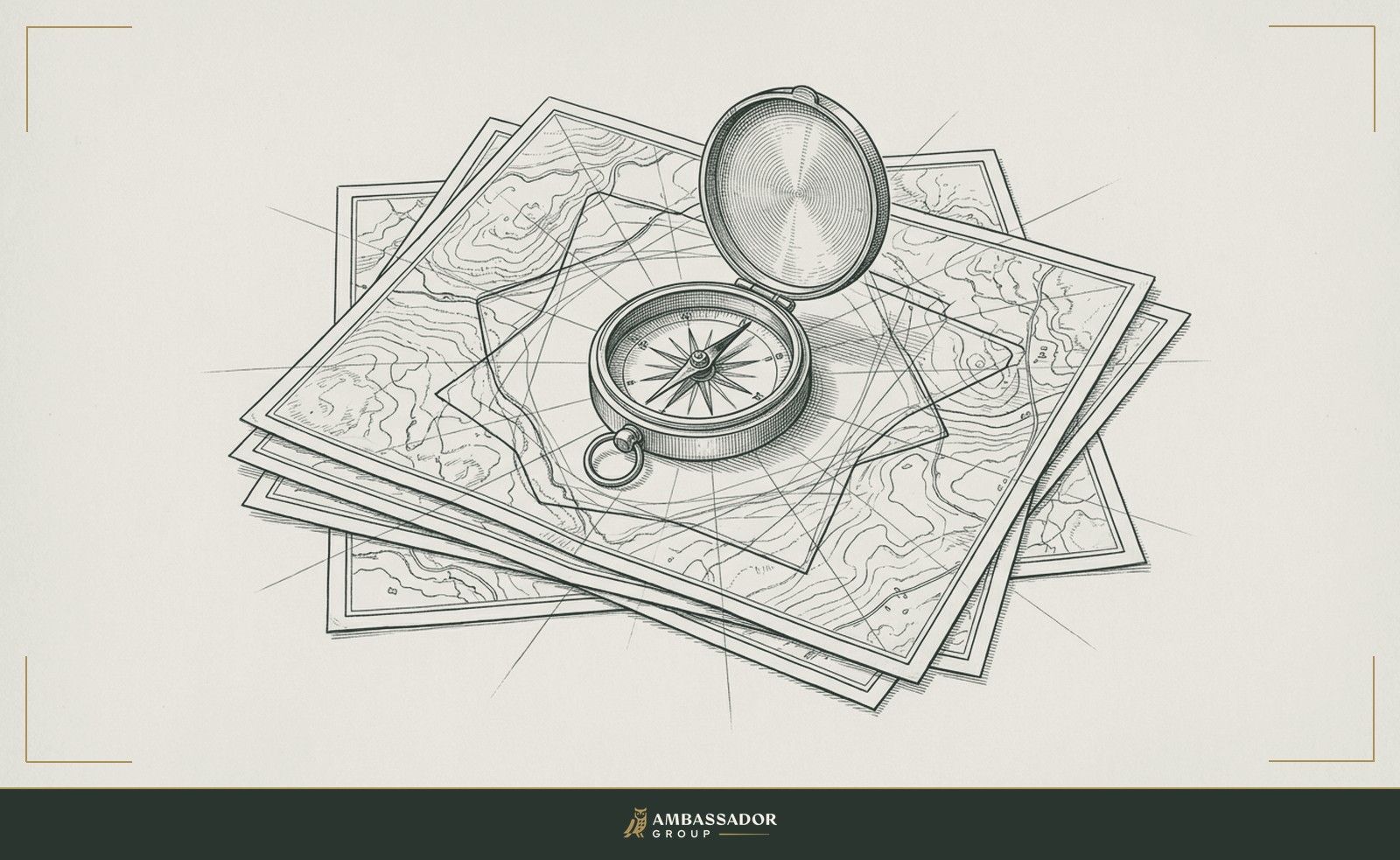 Antique engraving illustration. A cartographer's compass laid open across a layered set of survey maps, its needle fixed north while radiating pencil lines trace overlapping stages of a single route.