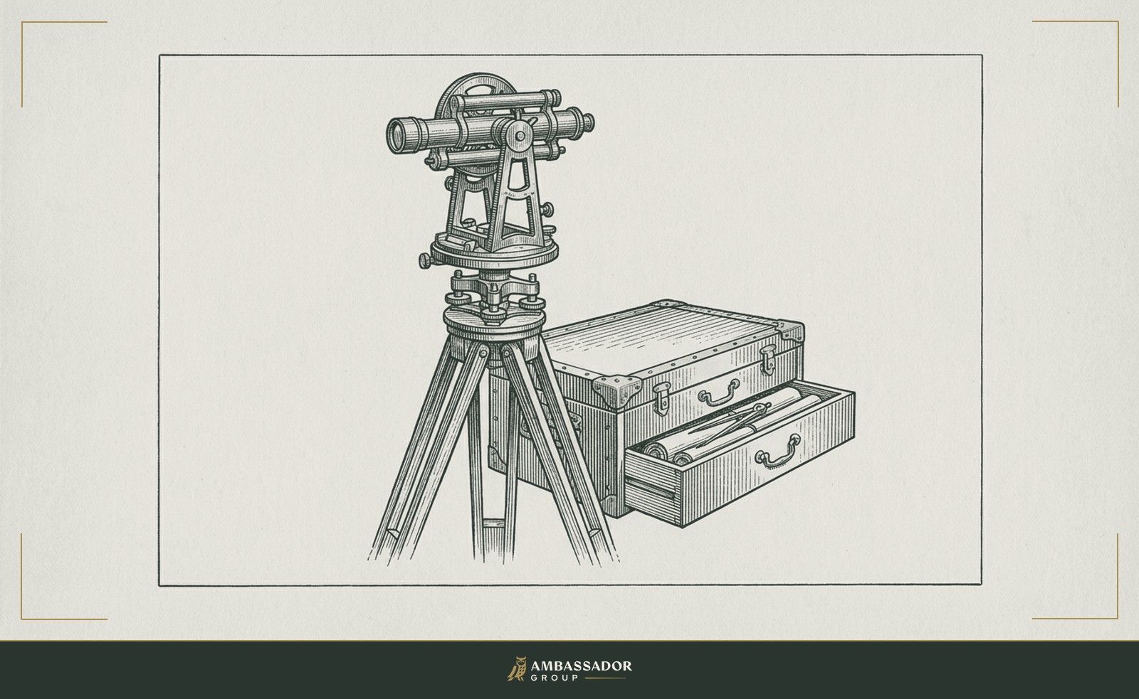Antique engraving illustration. A brass surveyor's theodolite on a wooden tripod beside a plan chest with one drawer pulled open.