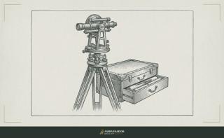 Antique engraving illustration. A brass surveyor's theodolite on a wooden tripod beside a plan chest with one drawer pulled open.
