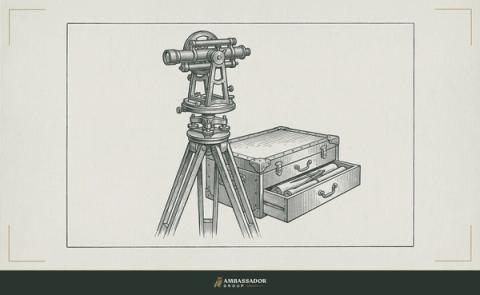 Antique engraving illustration. A brass surveyor's theodolite on a wooden tripod beside a plan chest with one drawer pulled open.