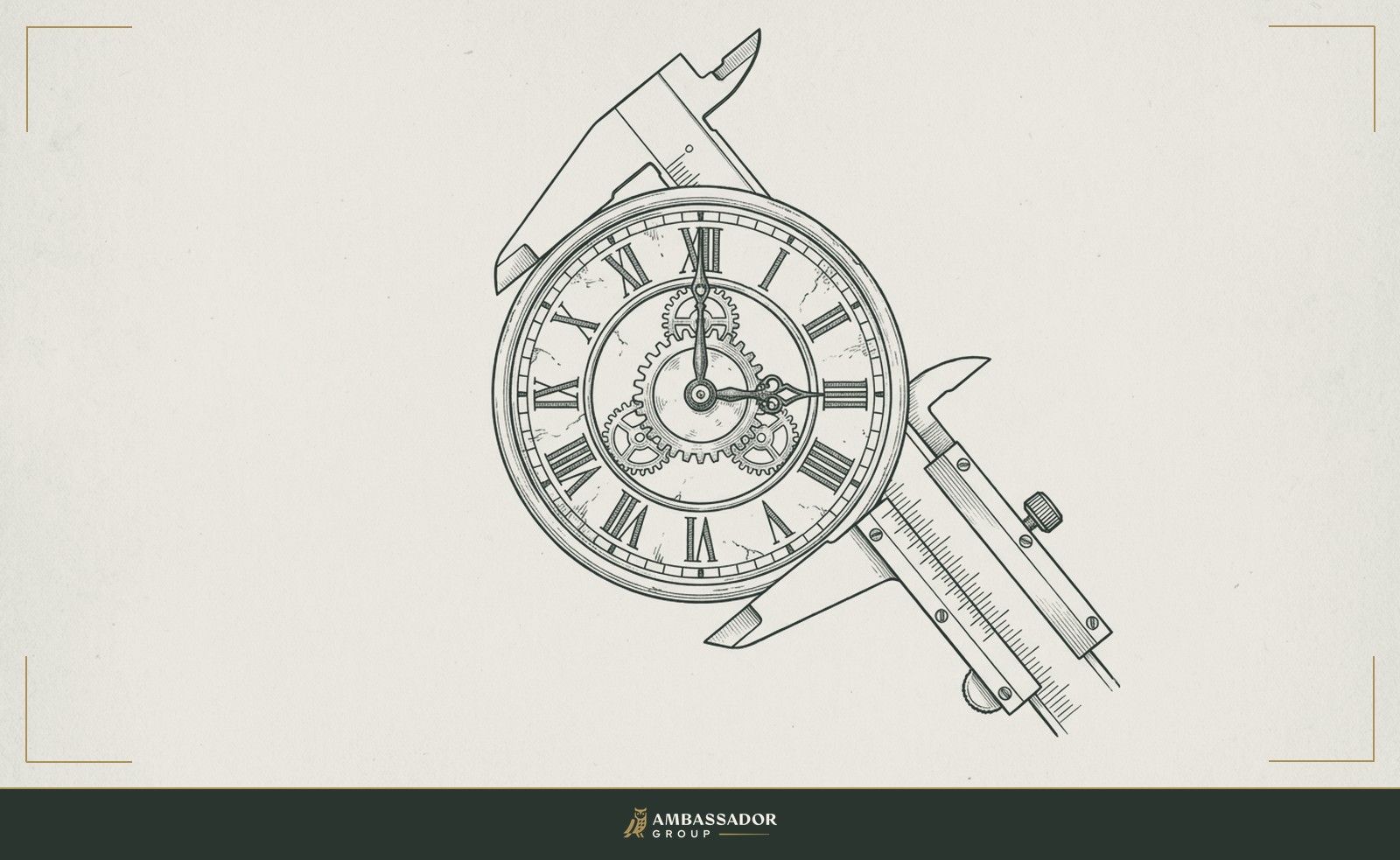 Antique engraving illustration. A weathered clock face with one hand frozen, surrounded by a fresh set of calipers measuring the same dial, showing that time elapsed is not the same as distance traveled.